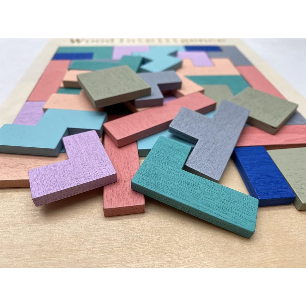 Puzzle Montessori dinl lemn, tip Tetris, 40 piese, multicolor pastel — 2