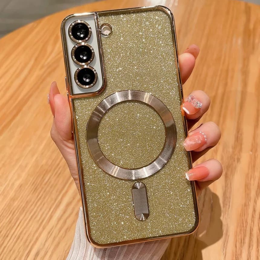 Husa Samsung Galaxy S23 Ultra, Electroplating Magsafe Glitter TPU, protectii lentile camere, aurie