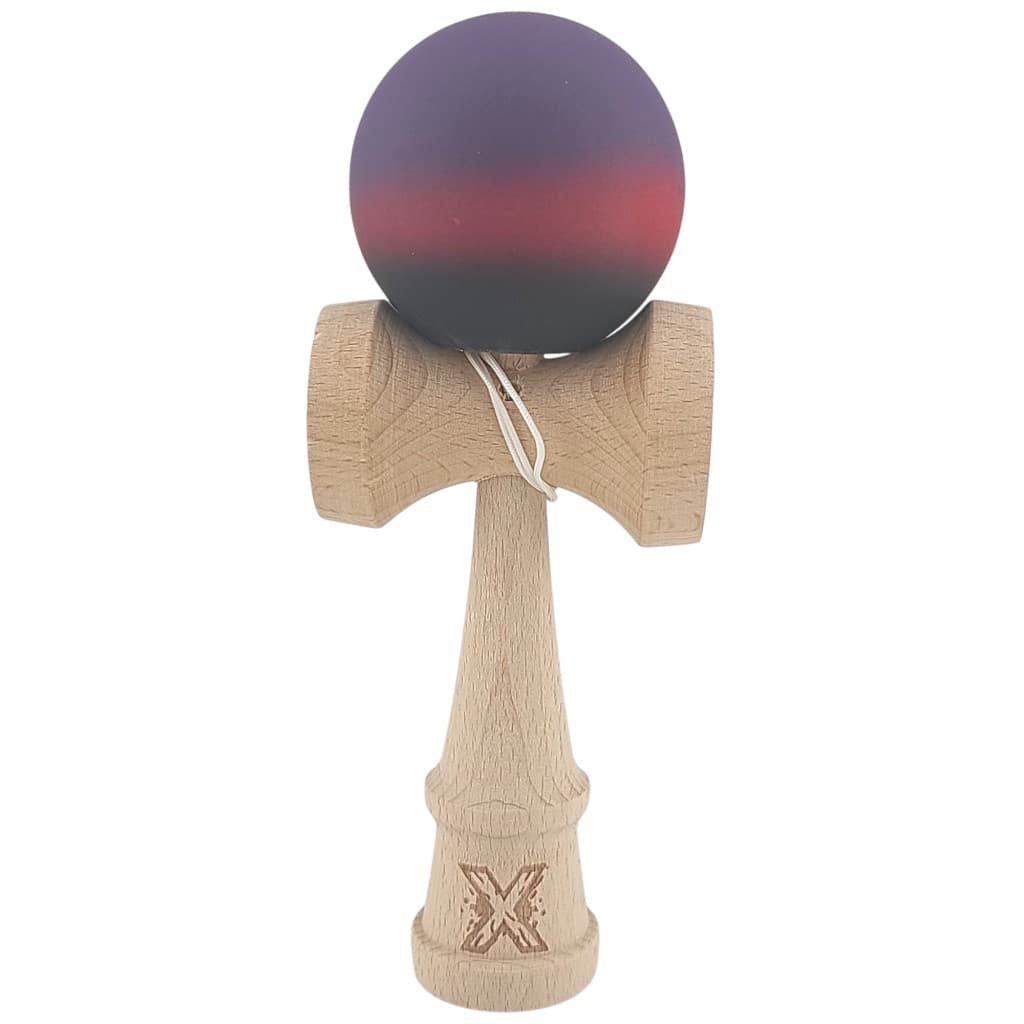 Jucarie lemn Kendama X, originala, profesionala, Rubber Grip, mov/rosu/negru