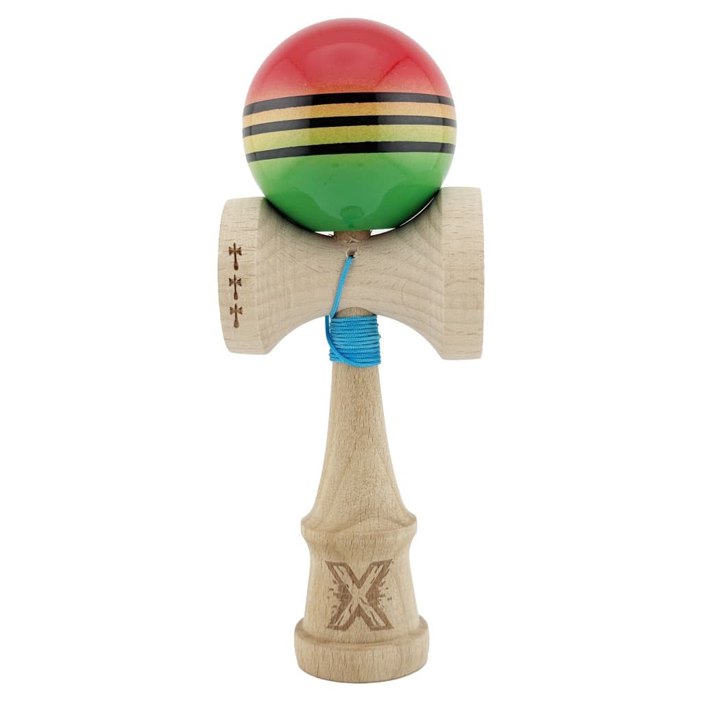 Jucarie lemn Kendama X, Super Sticky, cupe mari V2, gaura in basecup, rulment, ata rezerva, rosu/galben/verde