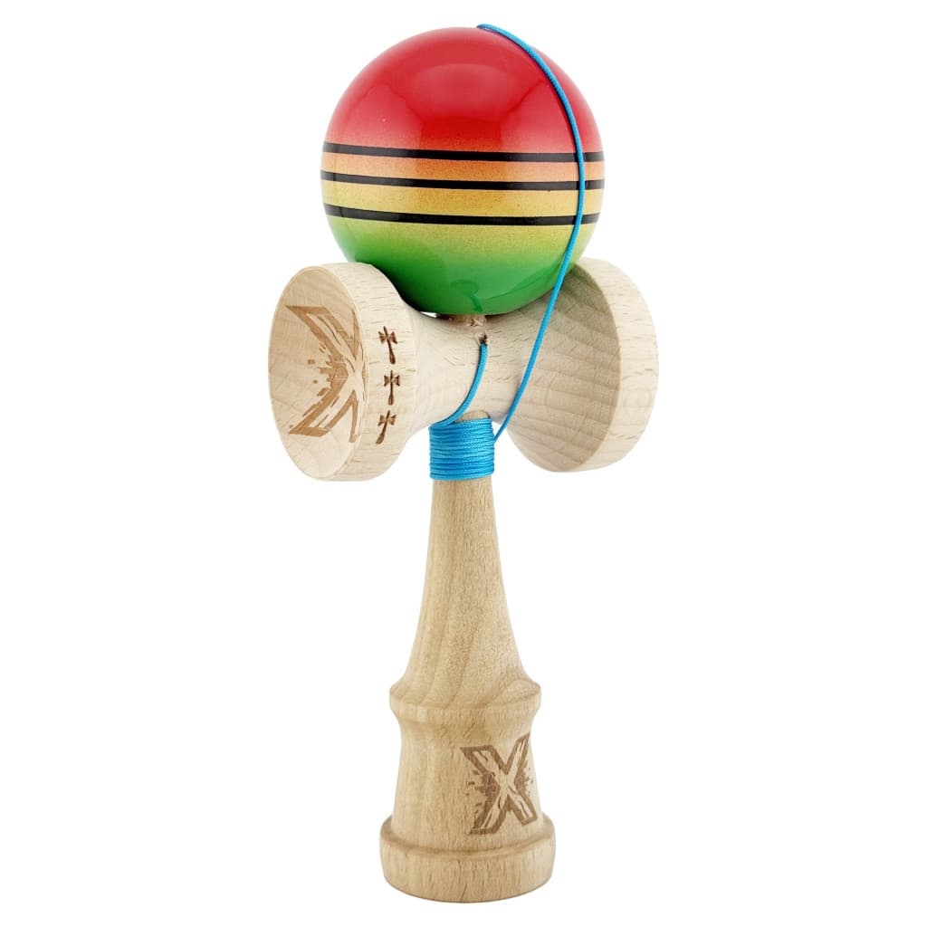 Jucarie lemn Kendama X, Super Sticky, cupe mari V2, gaura in basecup, rulment, ata rezerva, rosu/galben/verde — 2