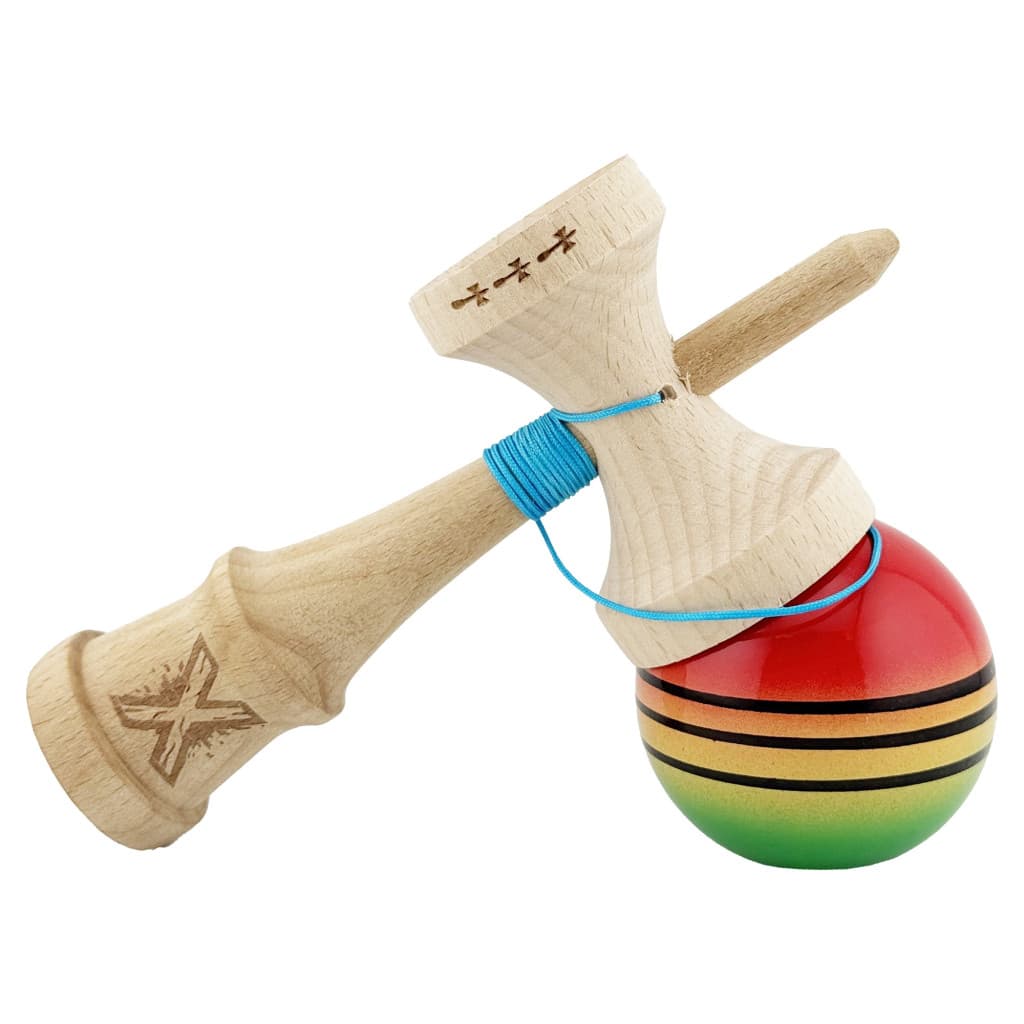Jucarie lemn Kendama X, Super Sticky, cupe mari V2, gaura in basecup, rulment, ata rezerva, rosu/galben/verde — 4