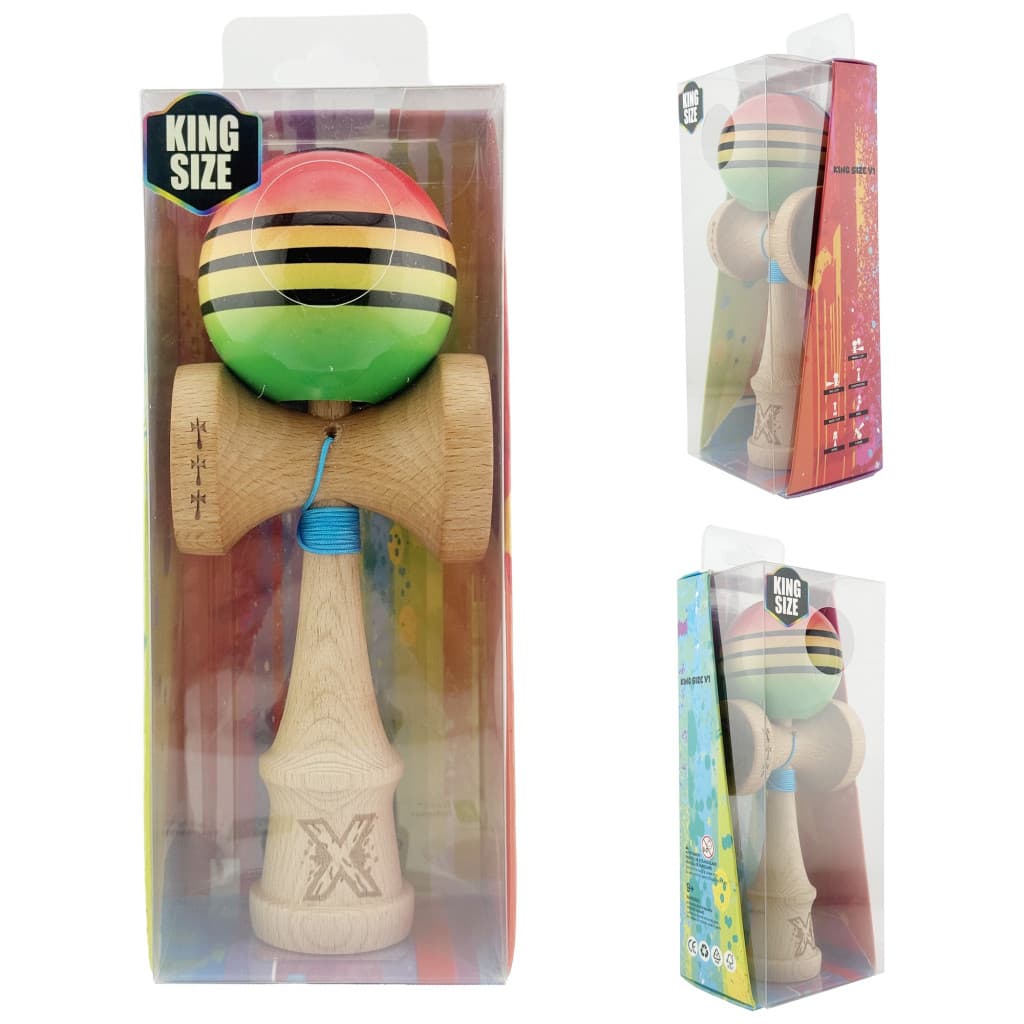Jucarie lemn Kendama X, Super Sticky, cupe mari V2, gaura in basecup, rulment, ata rezerva, rosu/galben/verde — 5