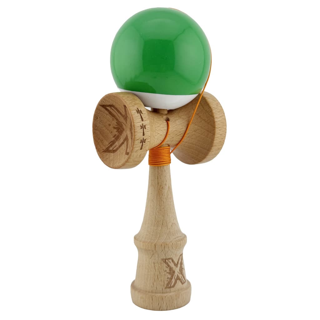 Jucarie lemn Kendama X, Super Sticky, cupe mari V2, gaura in basecup, rulment, ata rezerva, verde/alb — 2