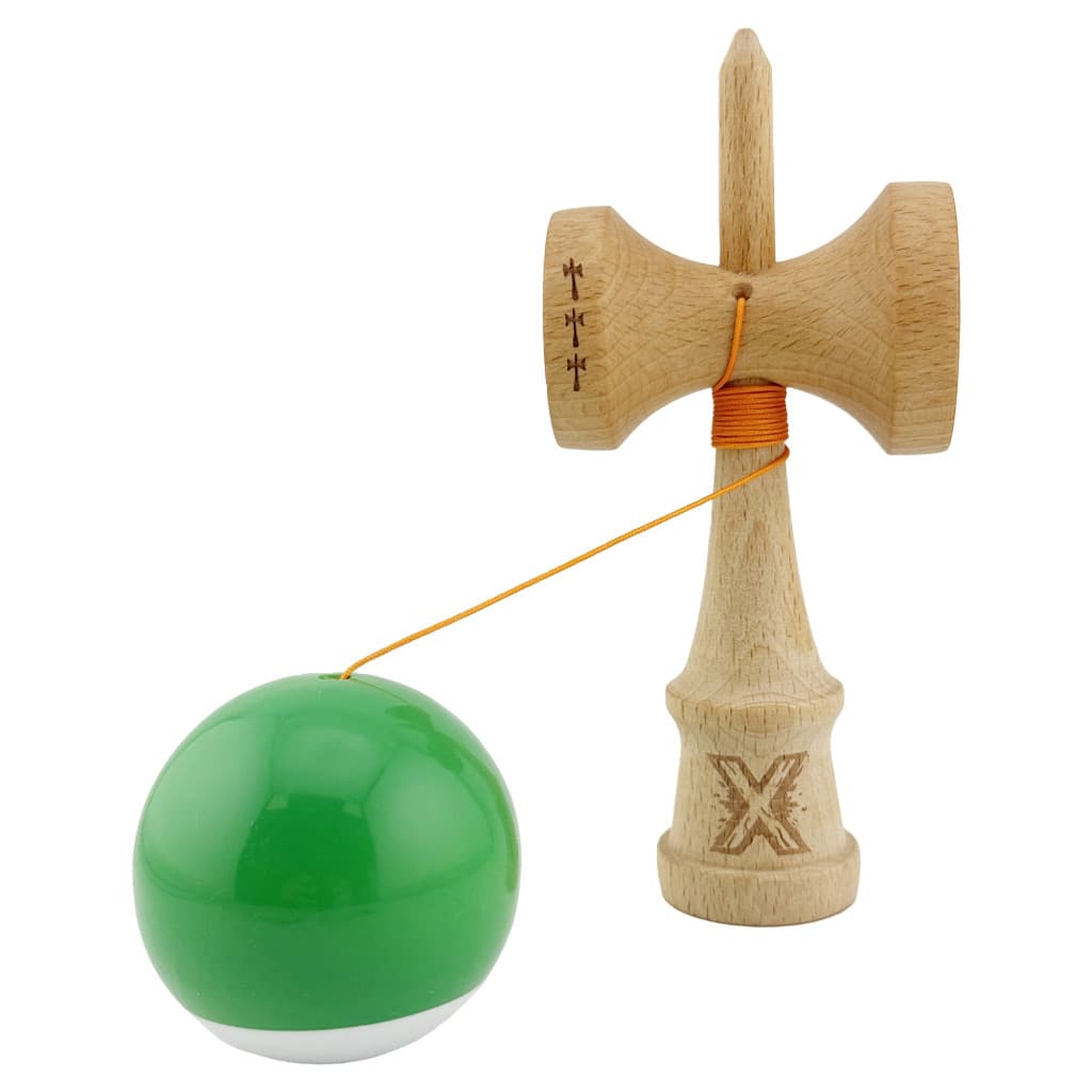 Jucarie lemn Kendama X, Super Sticky, cupe mari V2, gaura in basecup, rulment, ata rezerva, verde/alb — 3
