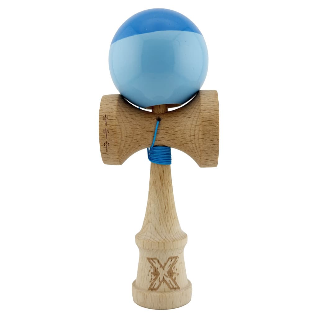Jucarie lemn Kendama X, Super Sticky, cupe mari V2, gaura in basecup, rulment, ata rezerva, albastru/bleu