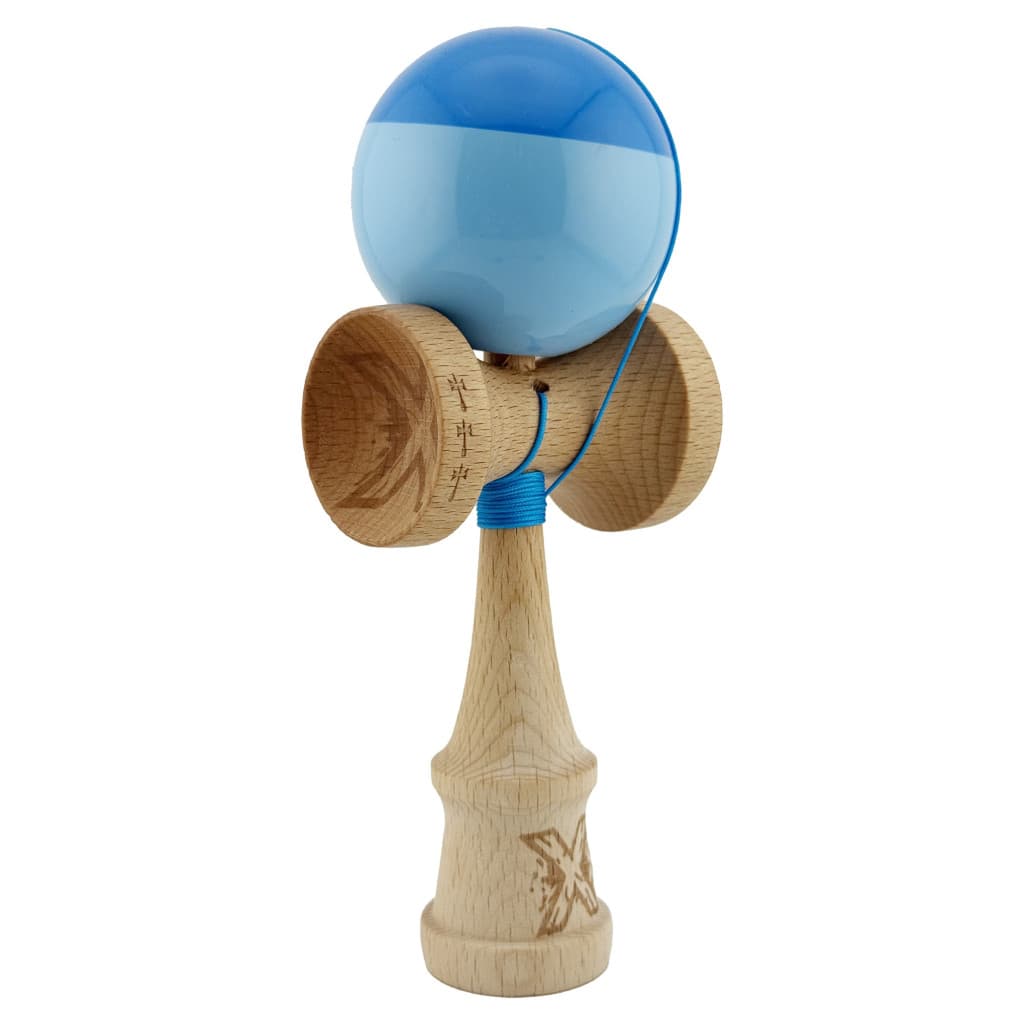 Jucarie lemn Kendama X, Super Sticky, cupe mari V2, gaura in basecup, rulment, ata rezerva, albastru/bleu — 2