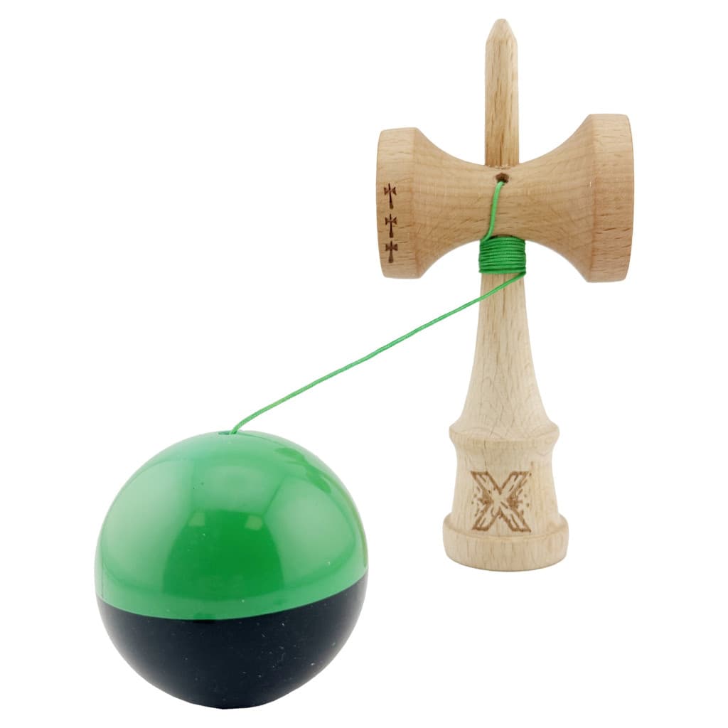 Jucarie lemn Kendama X, Super Sticky, cupe mari V2, gaura in basecup, rulment, ata rezerva, verde/negru — 3