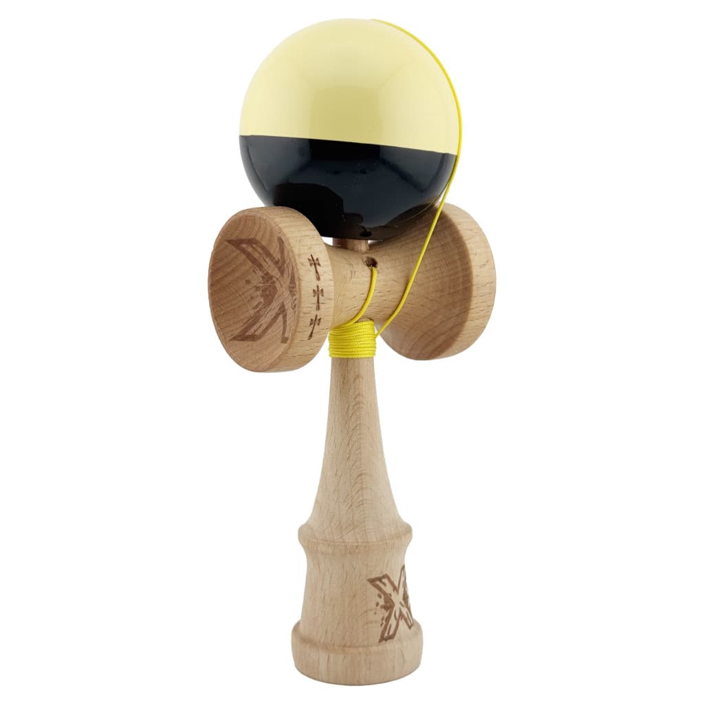 Jucarie lemn Kendama X, Super Sticky, cupe mari V2, gaura in basecup, rulment, ata rezerva, galben/negru — 2