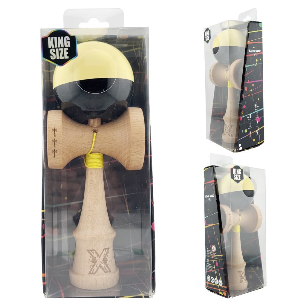 Jucarie lemn Kendama X, Super Sticky, cupe mari V2, gaura in basecup, rulment, ata rezerva, galben/negru — 5