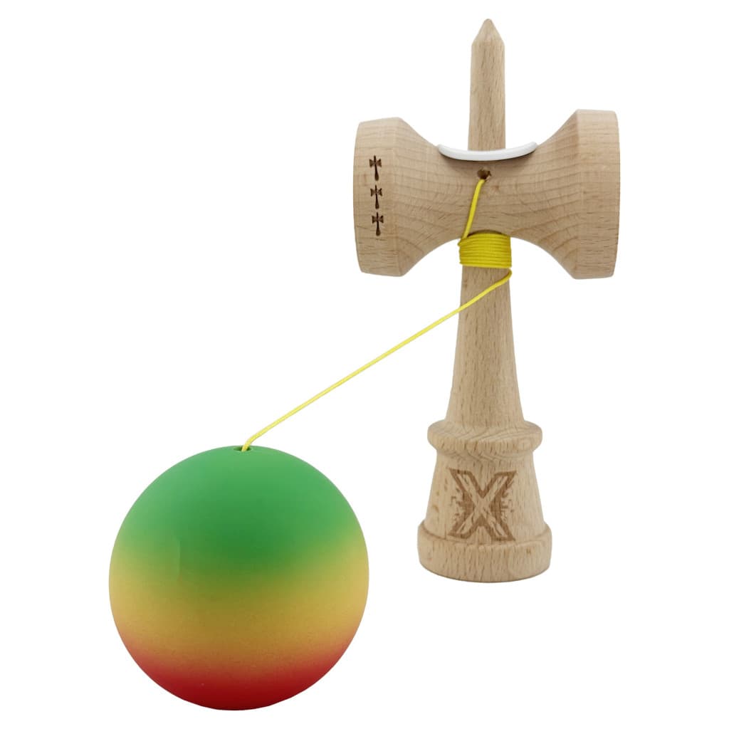 Jucarie lemn Kendama X, Rubber Grip, cupe mari V3, gaura in basecup, rulment, ata rezerva, verde/galben/rosu — 3