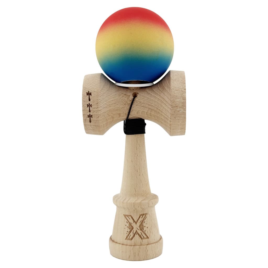 Jucarie lemn Kendama X, Rubber Grip, cupe mari V3, gaura in basecup, rulment, ata rezerva, rosu/galben/albastru