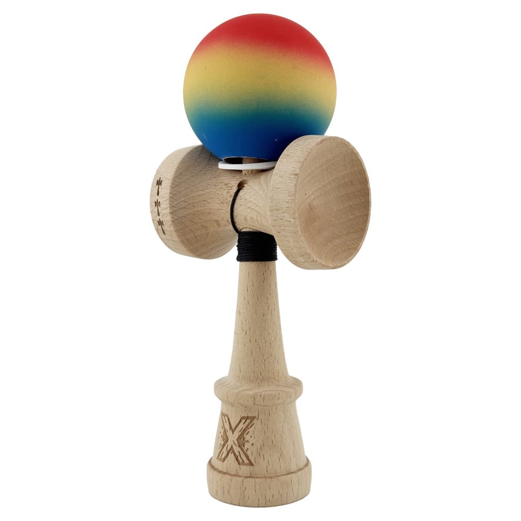 Jucarie lemn Kendama X, Rubber Grip, cupe mari V3, gaura in basecup, rulment, ata rezerva, rosu/galben/albastru — 2