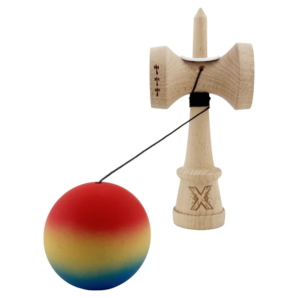 Jucarie lemn Kendama X, Rubber Grip, cupe mari V3, gaura in basecup, rulment, ata rezerva, rosu/galben/albastru — 3