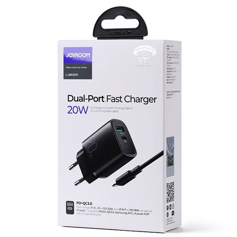 Incarcator casa Joyroom L-QP2011, cablu Type-C inclus, 20W, 1xUSB-C, 1xUSB-A, PD, QC 3.0, negru — 2