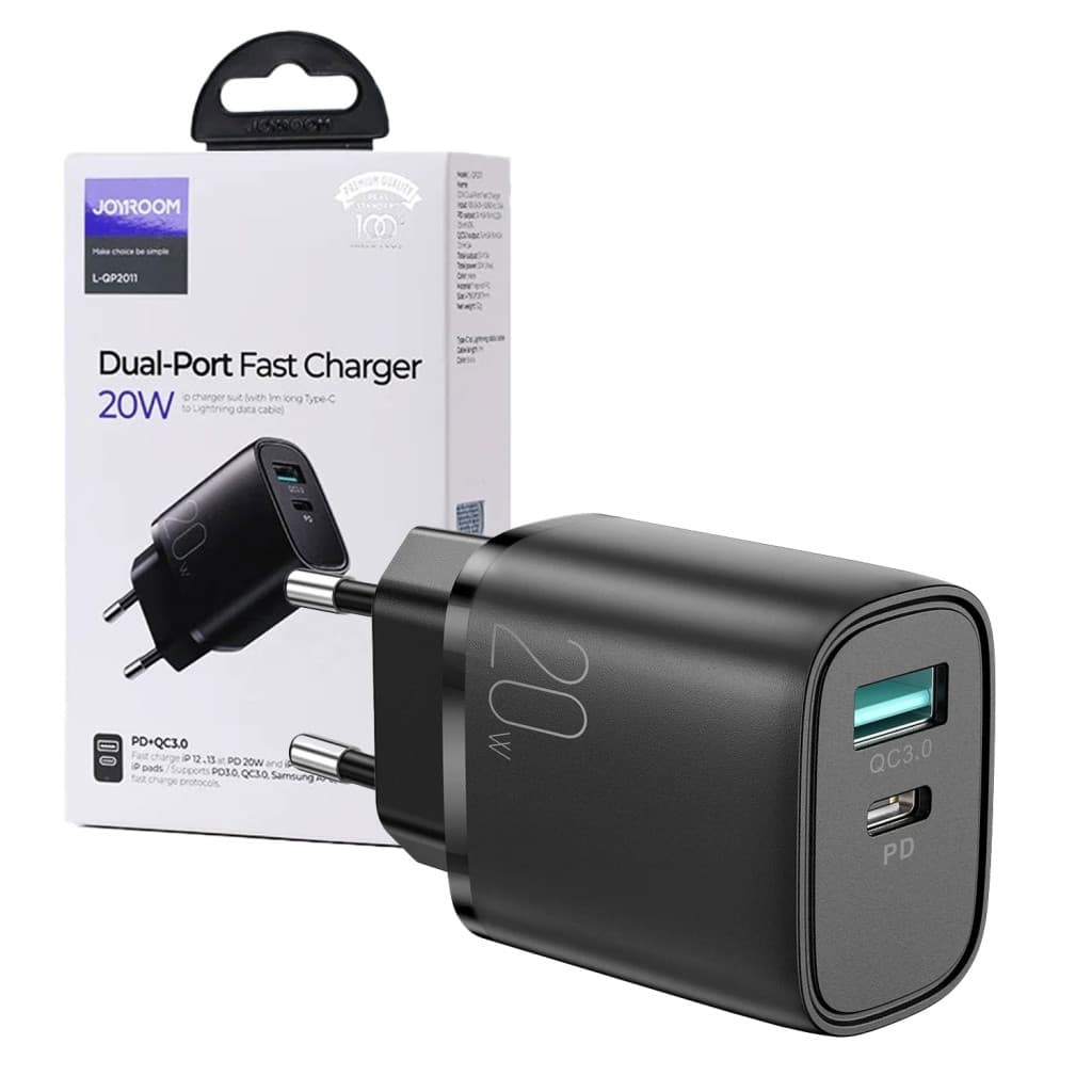 Incarcator casa Joyroom L-QP2011, 20W, 1 x USB-C, 1 x USB-A, PD, QC 3.0, negru — 2