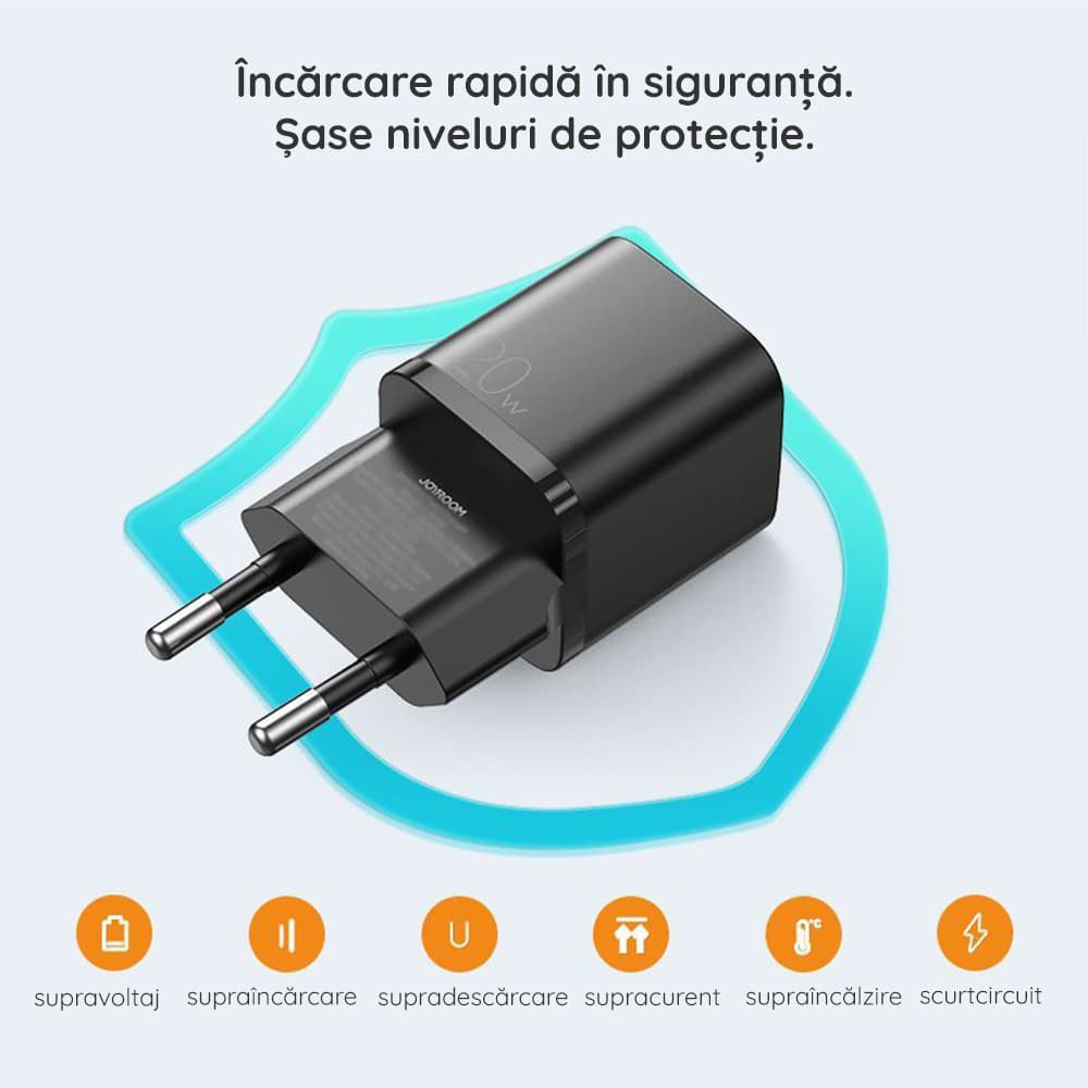 Incarcator casa Joyroom L-QP207, 20W, 1 x USB-C, 1 x USB-A, PD, QC 3.0, negru — 2