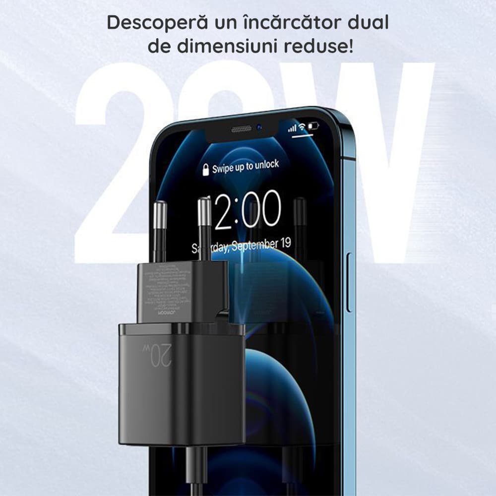 Incarcator casa Joyroom L-QP207, 20W, 1 x USB-C, 1 x USB-A, PD, QC 3.0, negru — 6