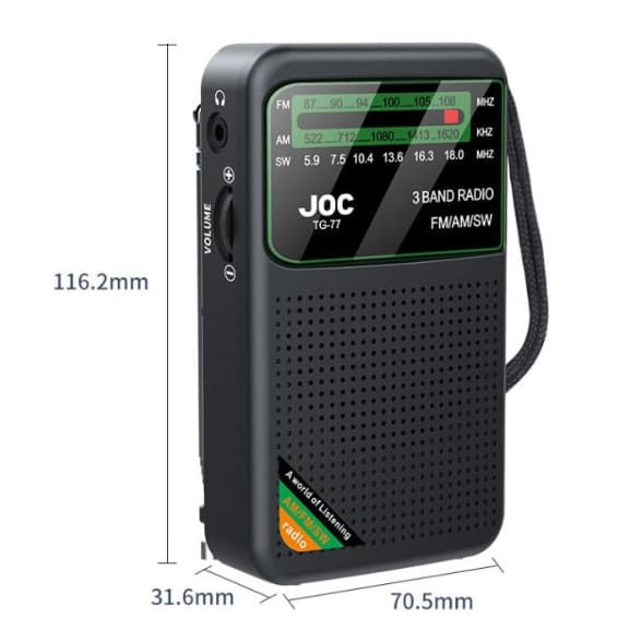 Radio portabil AM/FM/SW JOC TG-77, iesire jack 3.5 mm, acumulator 2000 mAH, cablu Type-C, negru — 2