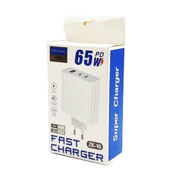 Incarcator telefon ZK-16, 65W, 2 porturi PD/Type-C + 1 port USB, incarcare super rapida, alb — 3