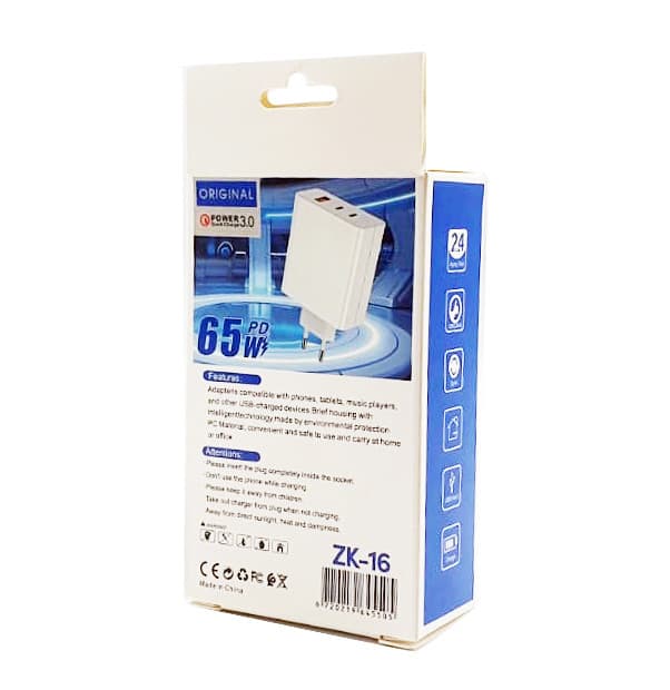 Incarcator telefon ZK-16, 65W, 2 porturi PD/Type-C + 1 port USB, incarcare super rapida, alb — 4