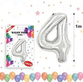 Balon din folie metalizata, 100 cm, argintiu, cifra 4